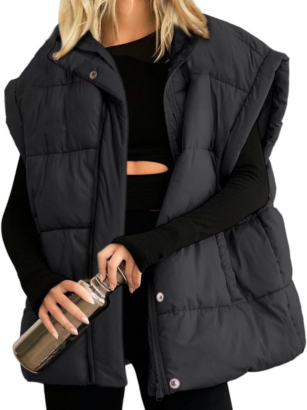 Black Quilted Puffer Vest - Sleeveless Zip & Snap Front
